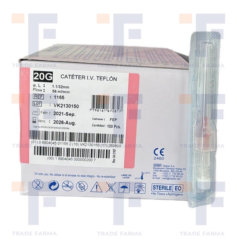 20 G CATETER IV RADIOPACO  CON CANULA DE TEFLON O VIALON Y AGUJA GUIA 20 G (TIPO ABBOCAT)